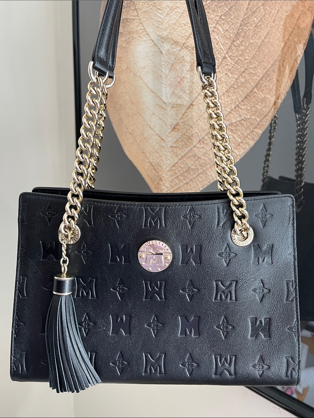 Metrocity Black Embossed Leather Shoulder Bag with Gold Chain